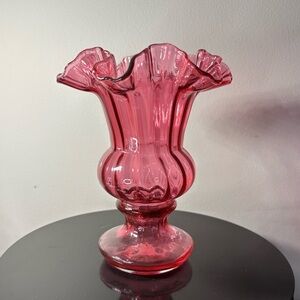 Vtg Fenton Cranberry Glass Vase Ruffled Crimped Rim Optic Ribbed Urn UV Reactive
